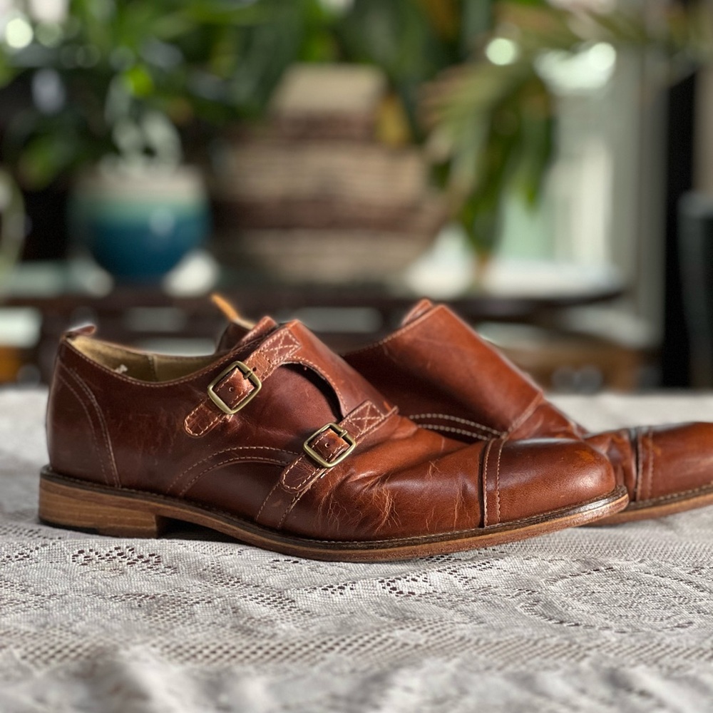 Troop Double Monk Slip On
Brown Leather Double Monks by J Shoes size 8.5 Mens